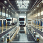 Centre de lavage industriel pour camions, avec équipements automatisés, brosses et jets d'eau.