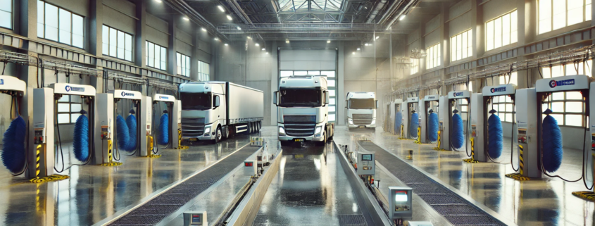 Centre de lavage industriel pour camions, avec équipements automatisés, brosses et jets d'eau.